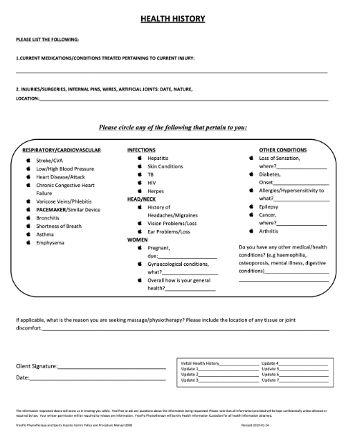 FreeFlo Physiotherapy Health History Form